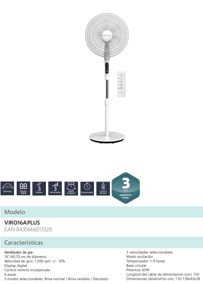 Especificaciones del Ventilador de Pie JOHNSON VIRO16APLUS